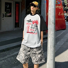 抖音得物高品质二开240克宽松纯棉美式潮牌插肩袖拼接短袖T恤，男装T恤，电商A486