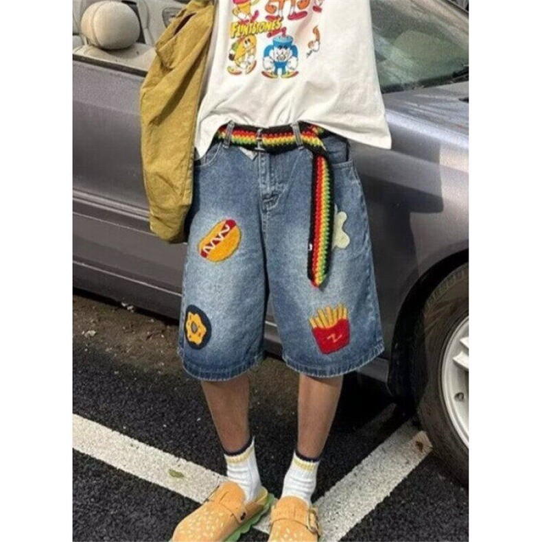美式复古毛巾绣牛仔短裤男女潮夏季宽松阔腿直筒五分裤LD833-P43,男装牛仔裤,星座1008