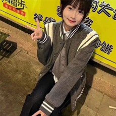 灰色短款毛呢外套男秋冬美式复古夹棉棒球服高级感加厚飞行员夹克，男装夹克，星座1210-1