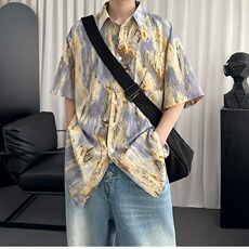 美式休闲宽松短袖衬衫小众潮牌抽象夏季撞色情侣衬衣，男装T恤，星座1210-1