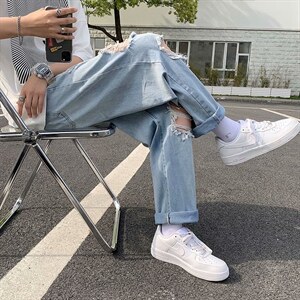 乞丐破洞牛仔裤男超火夏季薄款美式复古裤子宽松直筒裤NK899-P42图片