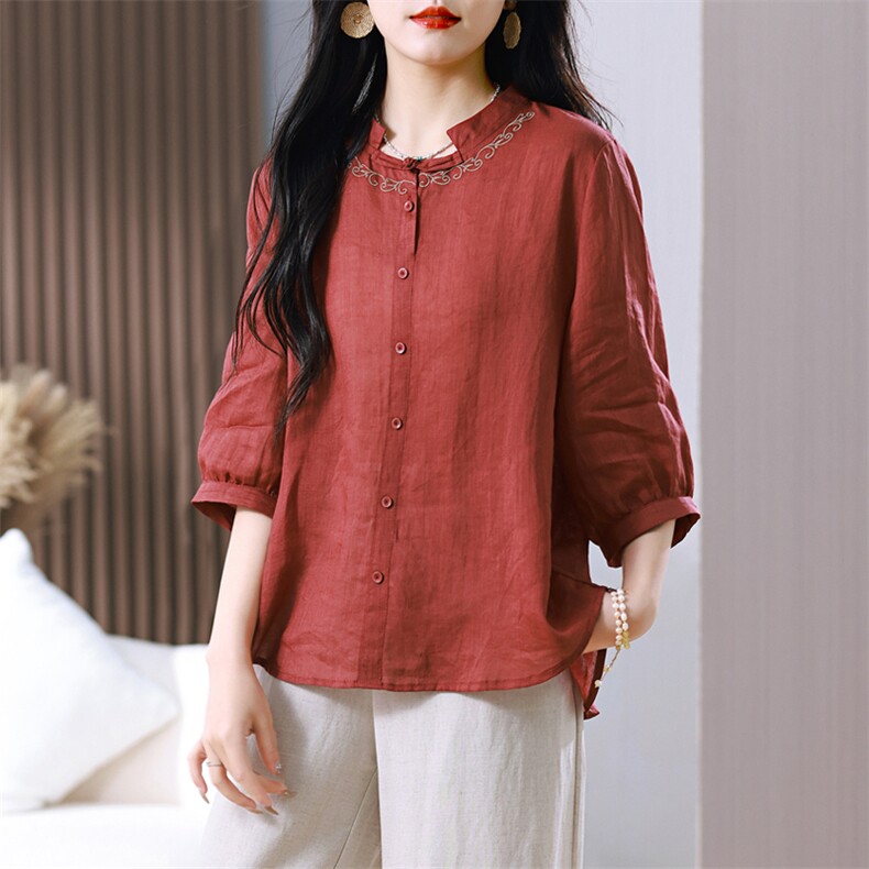 时尚苎麻女2025夏新款时尚宽松中年妈妈阔腿裤减龄棉麻，女装衬衫，璐依舞