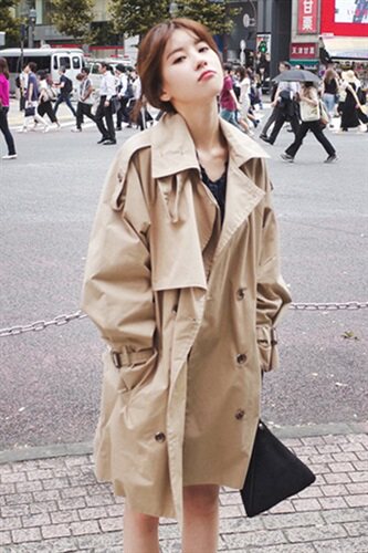 风衣外套女中长款2022新款韩版宽松休闲显瘦百搭系带卡其色上衣图片