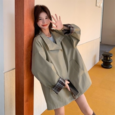 格子拼接美式风衣外套女春秋2025新款韩版宽松斗篷式大衣爆款流行，女装风衣，2C122