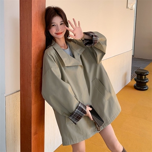 格子拼接美式风衣外套女春秋2025新款韩版宽松斗篷式大衣爆款流行图片