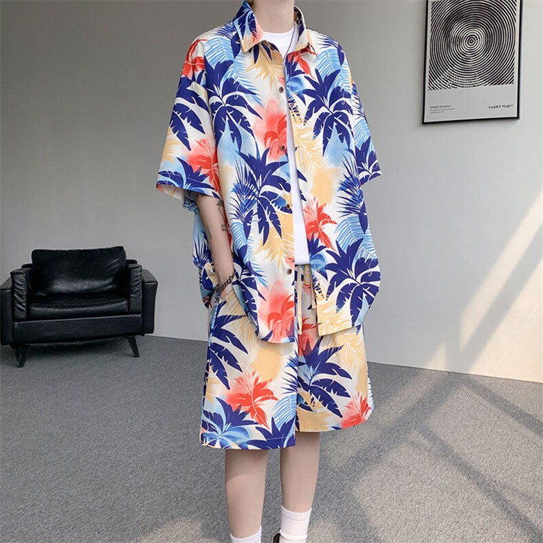 TZ1149-特48控88多色海滩冰丝凉感大码套装衬衫速干运动两件套，男装休闲套装，电商A059