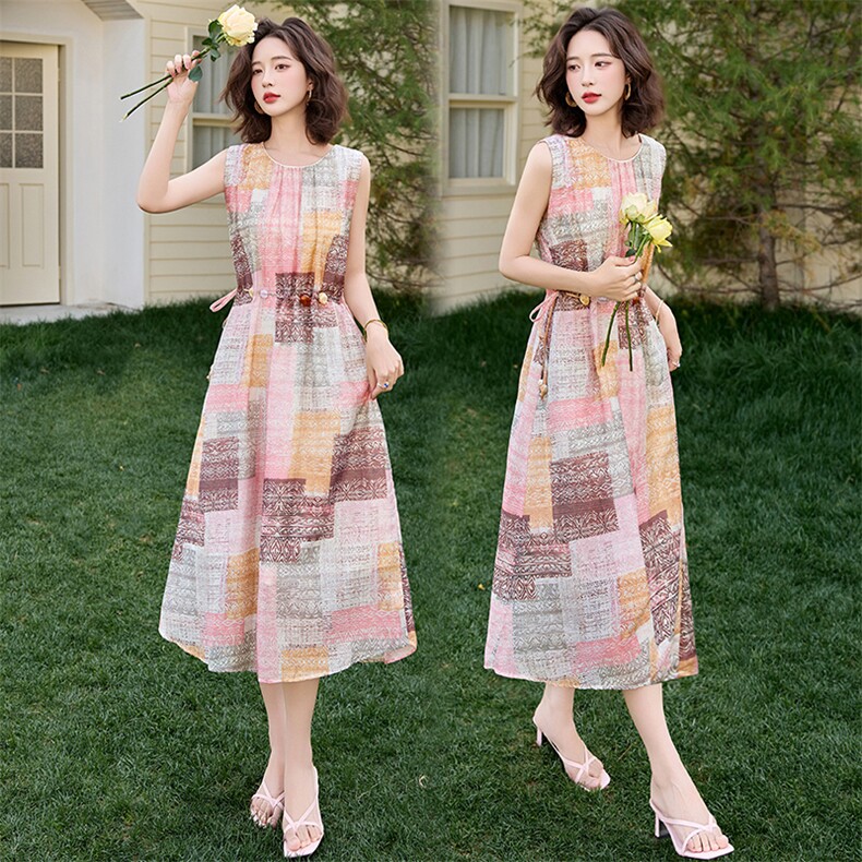 桔梗法式印花天丝连衣裙女2025夏季新款漂亮气质超好看无袖背心裙，女装连衣裙，魅丽静蓝
