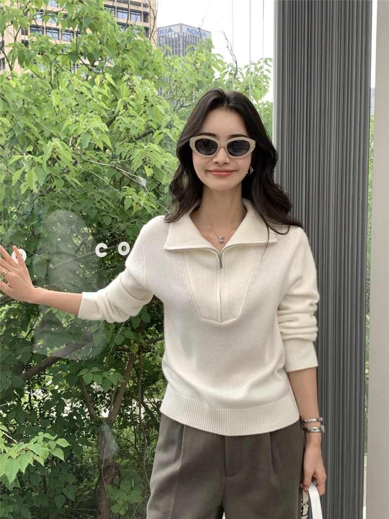 秋冬新款半高领女半拉链修身套头毛衣保暖上衣针织衫打底,针织衫/毛衣,玛卡隆羊绒