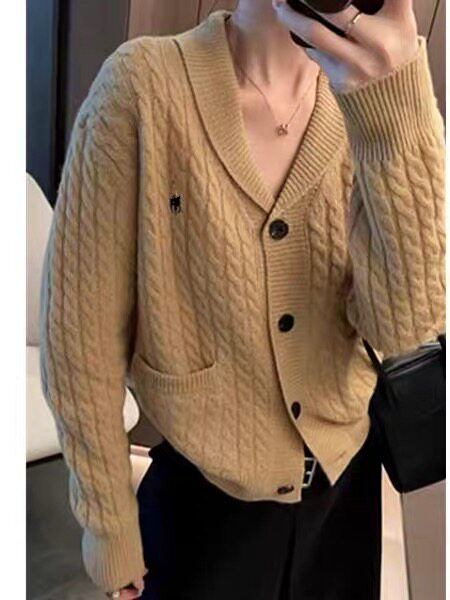 2025年秋季时尚百搭通勤简约休闲羊毛翻领长袖开衫，女装针织衫/毛衣，晨旭羊绒