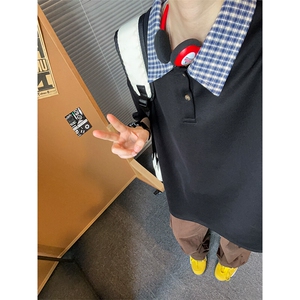 假两件格子拼接T恤夏季美式潮牌短袖POLO衫翻领上衣T3640-特价P29,抹胸裙连衣裙穿搭图片