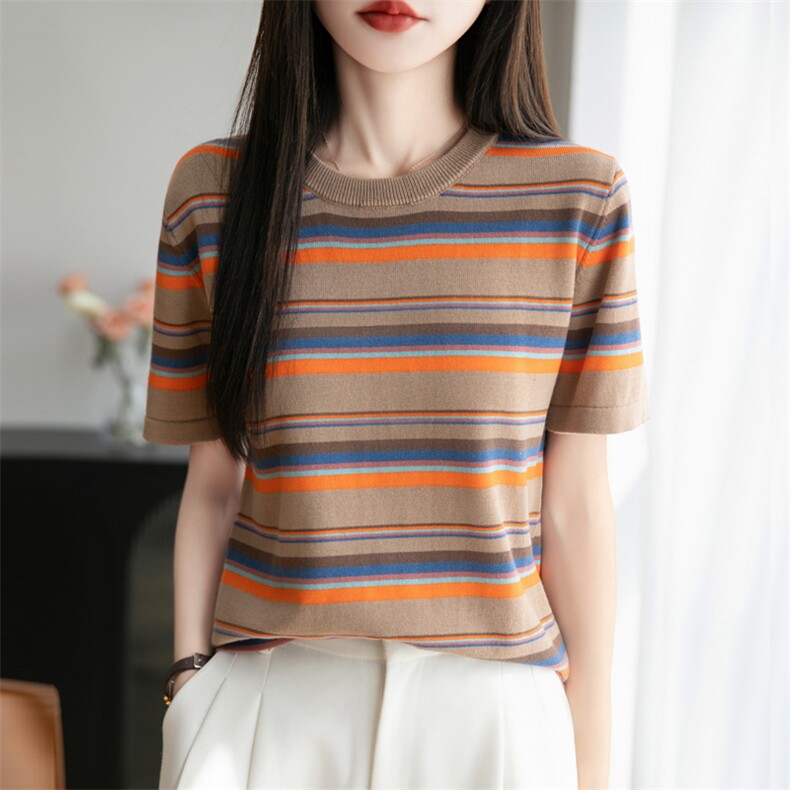 特惠印花超火减龄上衣韩系夏天复古针织条纹t恤女ins潮小众夏短袖,女装T恤,秋双羊绒