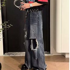 网图现货补丁破洞牛仔裤痞帅迷彩裤微喇宽松阔腿裤R3016-P55，男装牛仔裤，星座1005-4