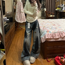 美式复古弯刀破洞牛仔裤男潮牌高街涂鸦小众宽松水洗阔腿裤，男装牛仔裤，四季星座505