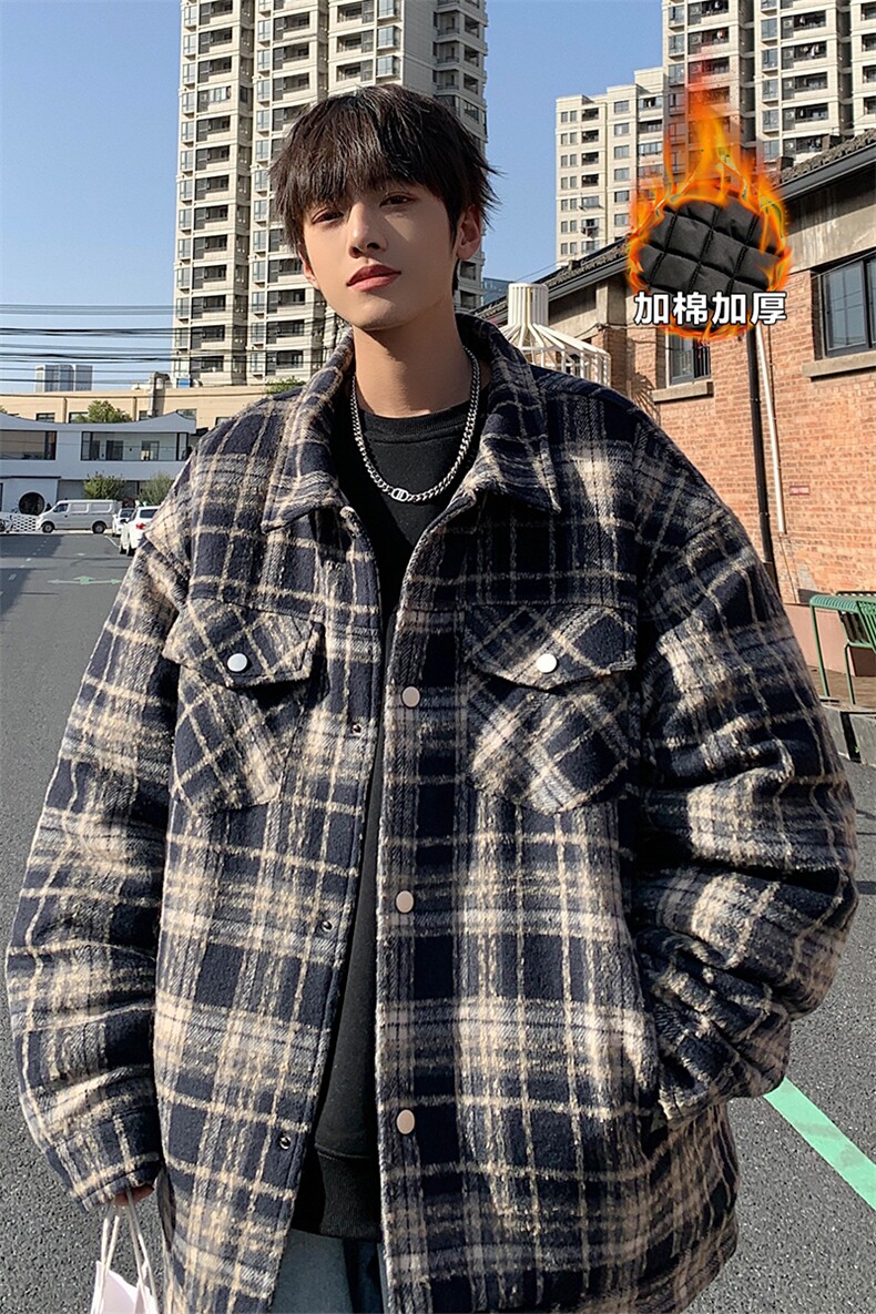 加棉加厚大码格子翻领夹克男宽松小香风外套J606J加棉-特P75控118,男装夹克,电商A001