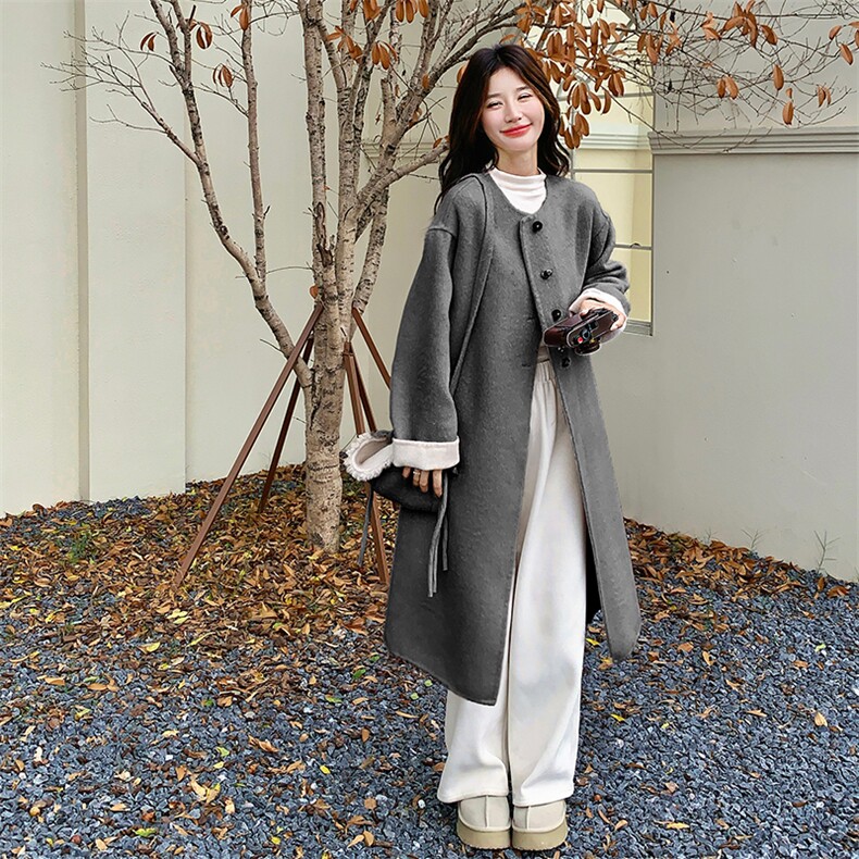 韩系粉色双面毛呢大衣女2025冬季新款中长款学院风气质毛呢外套潮,女装毛呢外套,2C123