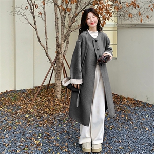 韩系粉色双面毛呢大衣女2025冬季新款中长款学院风气质毛呢外套潮图片