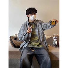 2025字母长袖衬衫日系港风ins宽松衬衣男生夏季潮流百搭休闲外套，男装衬衫，四季星座505