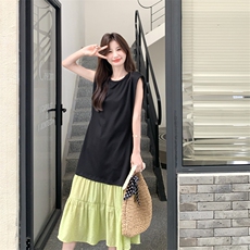 设计感拼接撞色连衣裙女2025夏季新款韩系气质荷叶边显瘦背心长裙，女装连衣裙，2C266