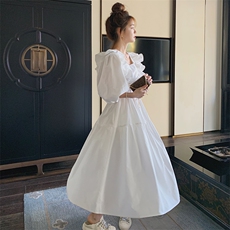 白色泡泡袖设计感棉麻休闲连衣裙女2025夏季新款法式收腰显瘦裙子，女装连衣裙，浙宝276（原081）
