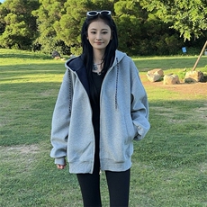 抖音得物二开美式高街重磅结构双层撞色连帽卫衣开衫外套W116，女装短外套，电商A486-1