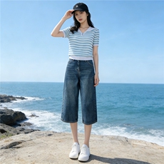时尚简约套装女夏季新款洋气减龄蓝色翻领条纹上衣牛仔中裤两件套，女装套装/套裙，江南
