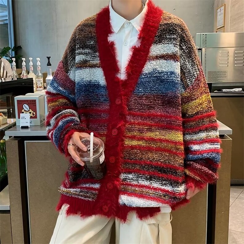 美式复古彩虹撞色宽松毛衣外套MY58-P70图片