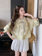 2B081-7706-p160-K238韩系条纹针织披肩长袖牛仔上衣2026春季新款，女装短外套，韩蜜菓