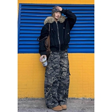 现货重磅boxy短款棉衣座山雕大毛毛领男女棉服水洗工装厚外套，男装棉衣，电商A486-1