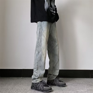 高街美式复古拼接牛仔裤男宽松直筒hiphop垂坠感显瘦裤子-N4022图片