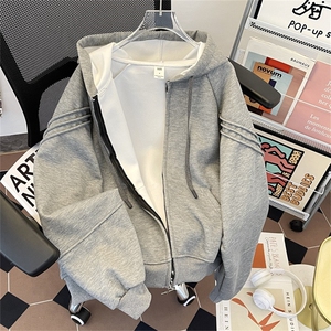 2025春季新款美式高级感宽松慵懒风连帽灰色卫衣套装女春秋外套图片