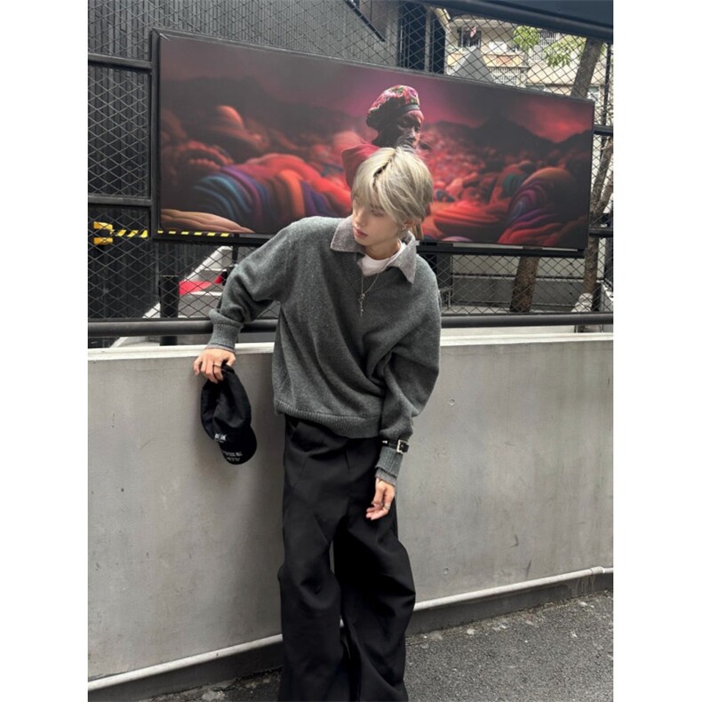 假两件毛衣加厚拼色针织衫宽松D6859-83,男装针织衫/毛衣,星座1012-1