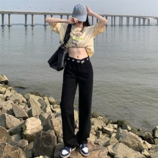 设计感美式阔腿牛仔裤女直筒裤子原宿青少年日系潮夏季常规长裤，男装牛仔裤，星座1210-1