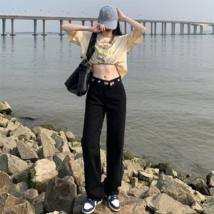 设计感美式阔腿牛仔裤女直筒裤子原宿青少年日系潮夏季常规长裤图片