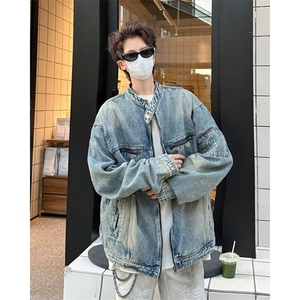 美式高街牛仔外套男春秋潮牌宽松拉链夹克痞帅机车服W6389-P70图片
