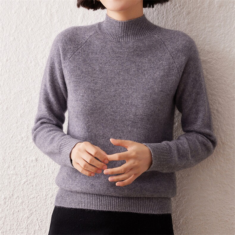七针插肩袖花纱半高领山羊绒衫女冬季宽松加厚毛衣针织打底衫内搭,女装羊绒衫,雪真羊绒高端店