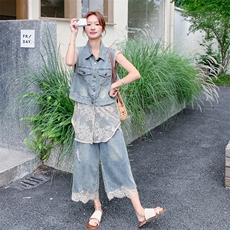 韩版蕾丝拼接牛仔马甲阔腿裤套装女2025夏季新款度假风显瘦两件套，女装套装/套裙，2C316