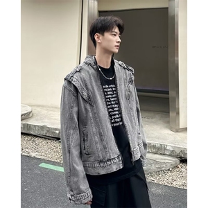 港风小众拼接设计感牛仔外套男春秋做旧水洗休闲夹克JK08856-P70图片