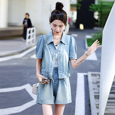 新中式国风牛仔套装女薄款2025夏季新款小个子盘扣阔腿短裤两件套，女装套装/套裙，意芙