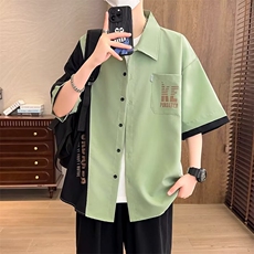 工装短袖衬衫男款夏季撞色宽松衬衣美式复古休闲潮流纯色拼接半袖，男装衬衫，星座1013