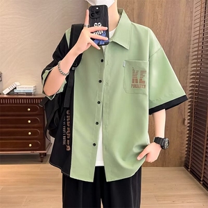 工装短袖衬衫男款夏季撞色宽松衬衣美式复古休闲潮流纯色拼接半袖图片