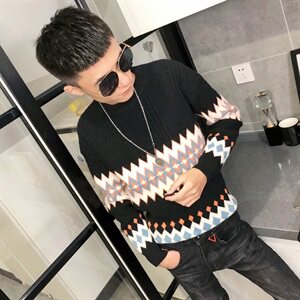 冬季社会小伙针织衫复古扭花加厚毛衣男圆领打底衫C301B-MY16图片