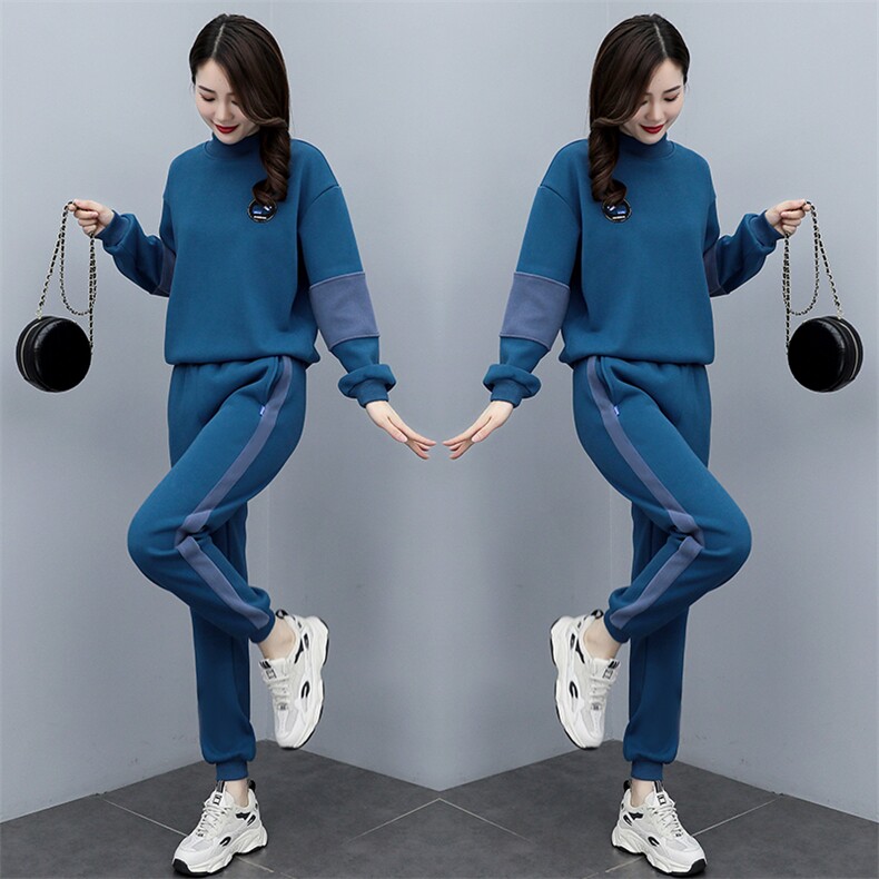 加绒加厚休闲服套装女春秋新款半高领卫衣减龄拼接运动显瘦两件套,女装套装/套裙,凯瑟曼