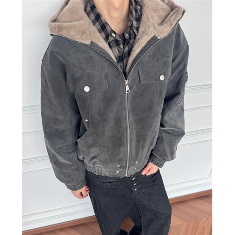 解构拼接连帽PU皮棉衣立体裁剪加绒加厚百搭夹克外套M6057,男装夹克,星座1116A（原606A-3）