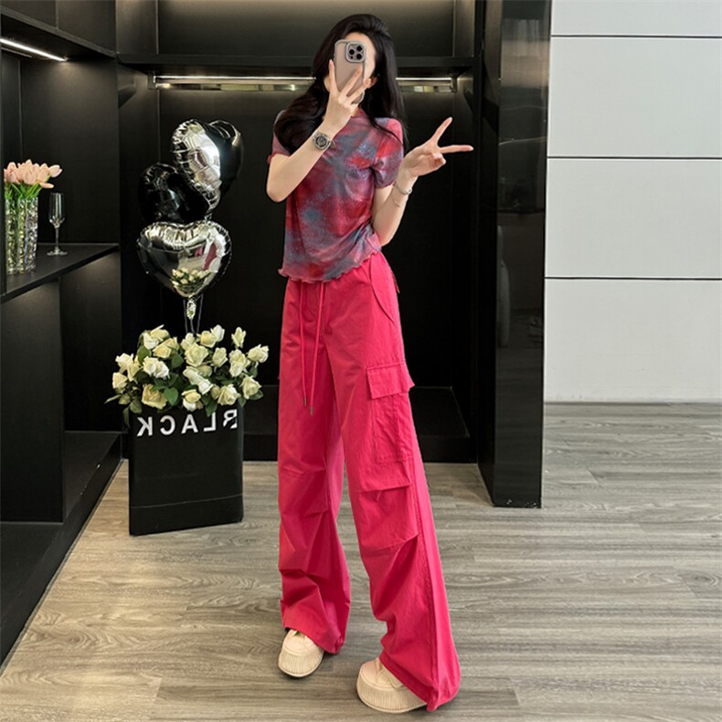 女夏新款时尚运动休闲套装洋气减龄玫红色圆领上衣阔腿长裤两件套,女装套装/套裙,2C310