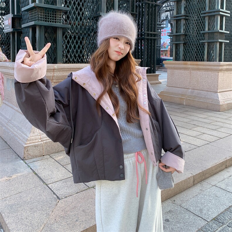 撞色拼接连帽加厚休闲羽绒棉服女冬季2025新款超好看漂亮棉衣棉袄,女装短外套,2C317