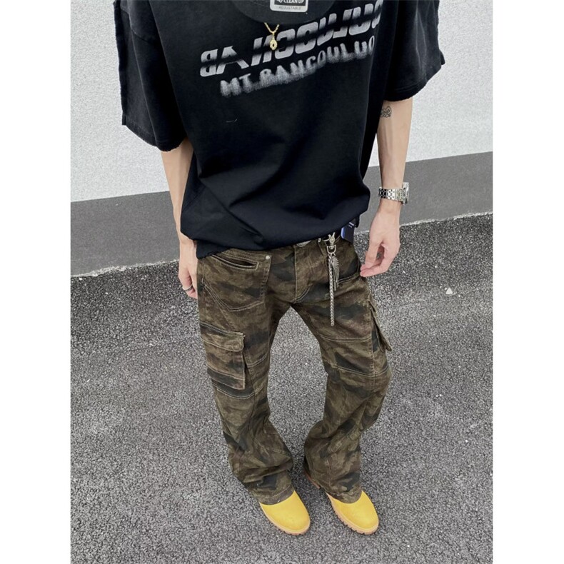 美式vibe高街迷彩多口袋修身工装裤嘻哈微喇裤男女K83096-P53网图图片