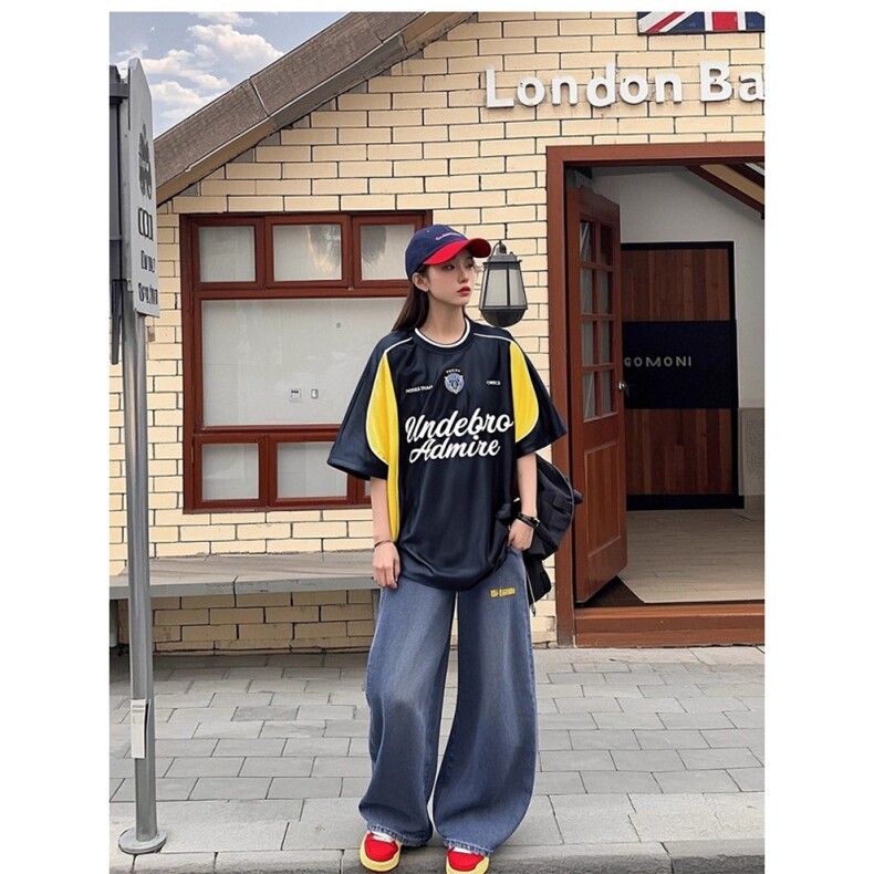 夏季美式复古拼接撞色字母印花短袖T恤男运动球衣机车骑行服上衣,男装T恤,星座516A