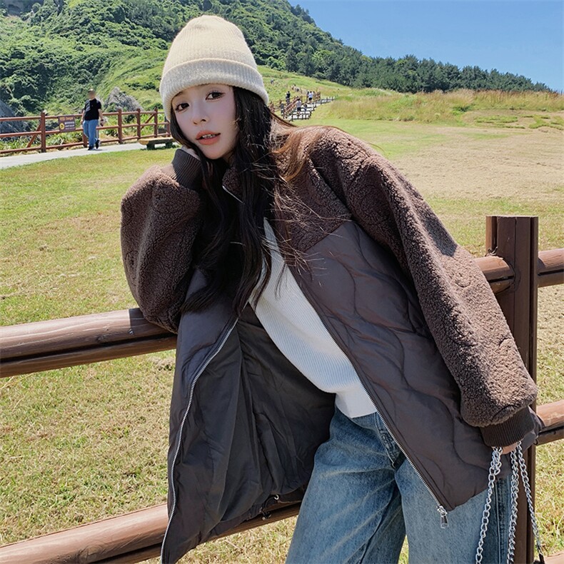 时尚咖色羊羔毛拼接保暖羽绒服女2025冬季新款显瘦加厚白鸭绒外套,女装羽绒服,慧尚2-185