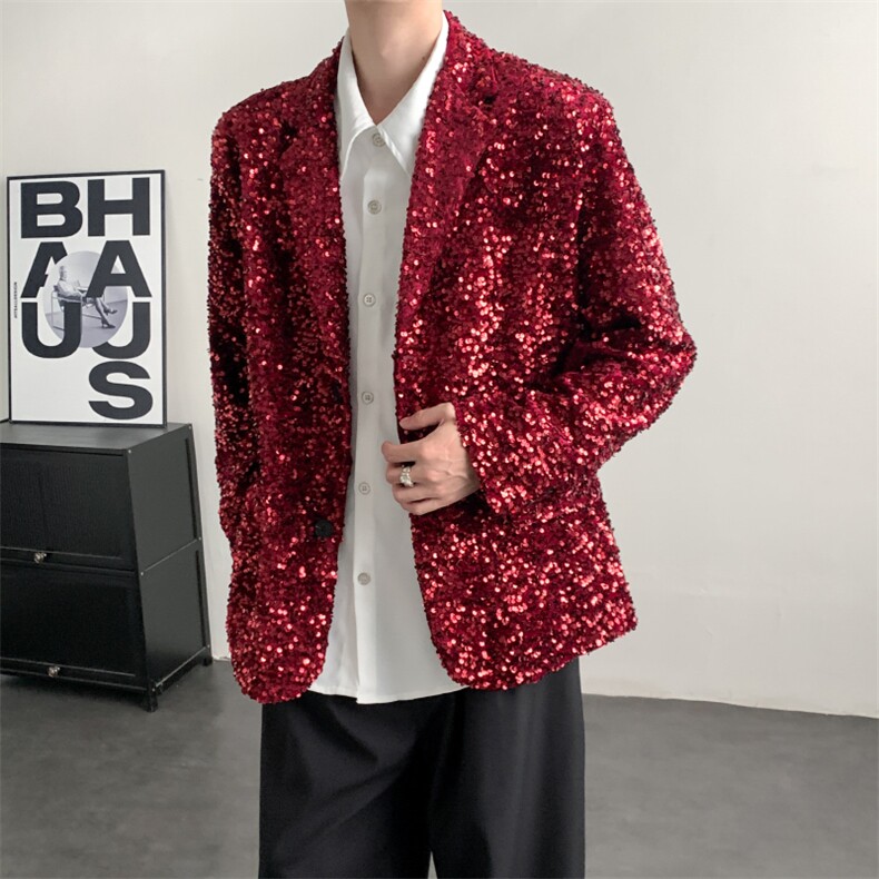 春装新年闪闪亮珠片红色亮面晚会年会舞台装男演出服西装歌手外套,男装西服套装,星座909