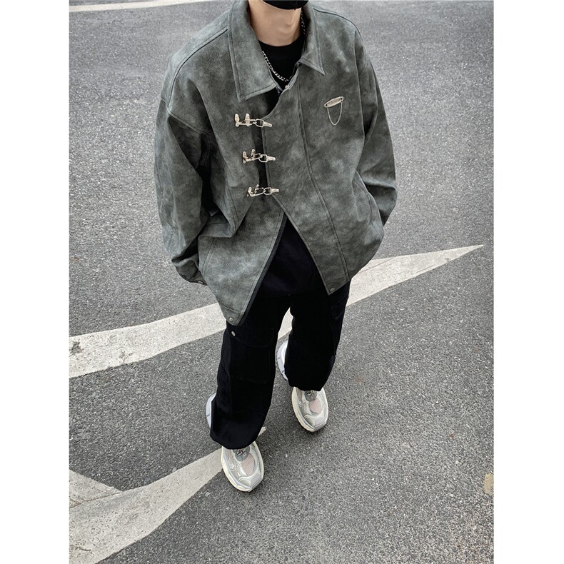1抖音控148粉色铁扣链子M-5XL大码PU皮夹克男77083P105,男装夹克,星座226-2